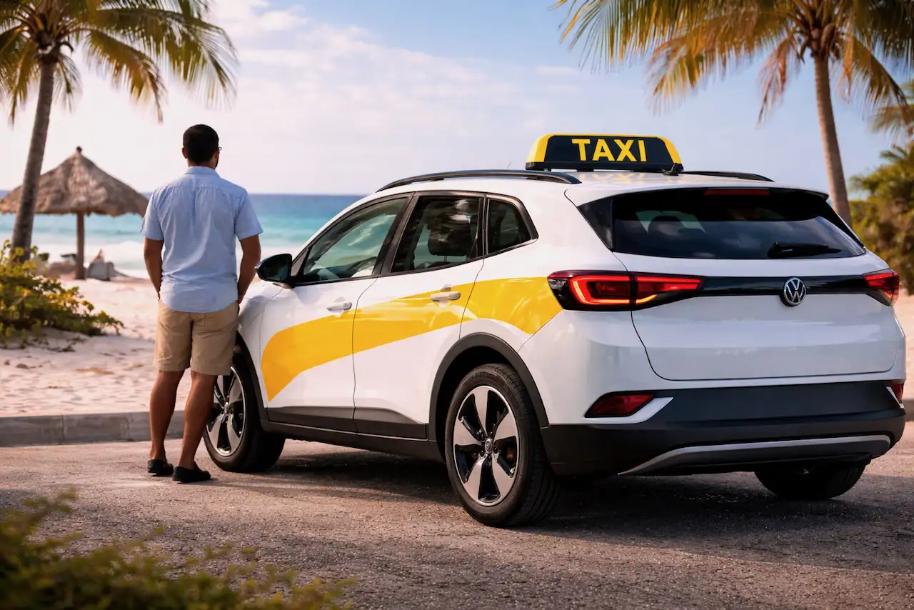 A taxi driver is standing next to his taxi near the beach in Aruba